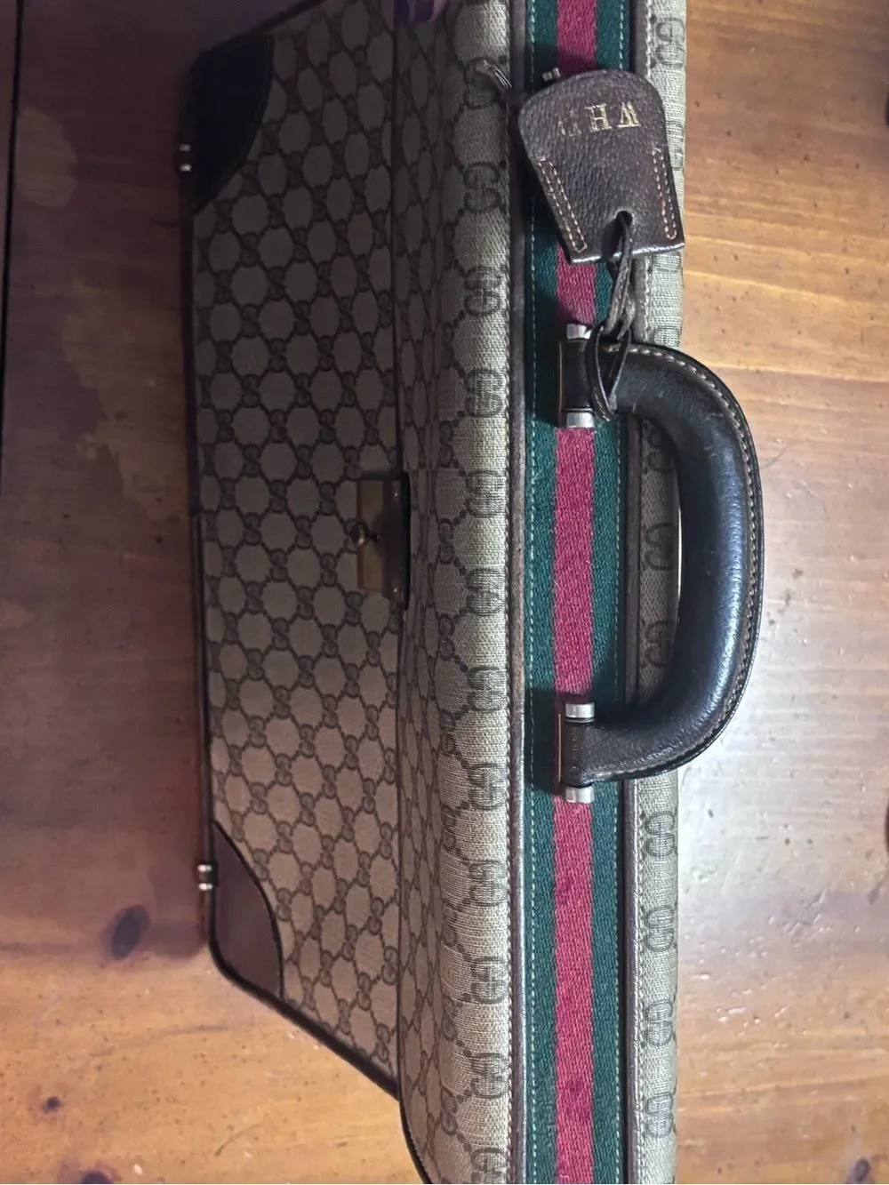 Vintage 1960s Gucci Brown Monogram Briefcase with Brown Leather Trim & Lock Key